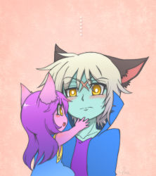 Rule 34 | ..., 1boy, 1girl, animal ears, blue skin, blush, blush stickers, colored skin, father and daughter, hand on another&#039;s chin, if they mated, league of legends, open mouth, purple hair, purple skin, scar, silver hair, sweatdrop, touching another&#039;s chin, veigar, yan531, yellow eyes
