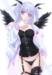 Rule 34 | 1girl, apple print, artist name, bandaid, bandaid on shoulder, bare shoulders, bite mark, black panties, black thighhighs, black wings, blue eyes, blush, breasts, commentary, contrapposto, cowboy shot, cross, cross earrings, earrings, feathered wings, feathers, garter straps, glove in mouth, gloves, grey background, hair ribbon, hand on own hip, hand up, highres, jacket, jewelry, long hair, long sleeves, looking at viewer, medium breasts, mouth hold, off shoulder, ompf, original, panties, ribbon, solo, spikes, thigh gap, thighhighs, torn clothes, torn thighhighs, two side up, underwear, white background, white gloves, white jacket, wings