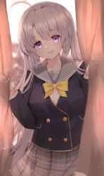 Rule 34 | 1girl, :d, absurdres, ahoge, ayachi nene, black jacket, blurry, blush, bow, bowtie, breasts, commentary, curtains, depth of field, eyelashes, eyes visible through hair, grey hair, grey sailor collar, grey skirt, hair between eyes, hair over shoulder, hands up, head tilt, highres, jacket, large breasts, light particles, long hair, long sleeves, looking at viewer, miniskirt, nodoameyatou, open mouth, plaid, plaid skirt, pleated skirt, purple eyes, sailor collar, sanoba witch, school uniform, sidelocks, skirt, smile, solo, straight-on, straight hair, very long hair, w arms, yellow bow, yellow bowtie