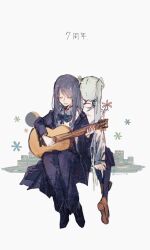 Rule 34 | 2girls, ado (utaite), aqua hair, black coat, black hair, black pants, chando (ado), closed eyes, cloud nine inc, coat, commentary, hane (kakuhane), hatsune miku, highres, holding, holding instrument, instrument, invisible chair, kimi no taion (vocaloid), long hair, long sleeves, mole, mole under eye, multiple girls, nape, open clothes, open coat, open mouth, pants, playing guitar, simple background, sitting, translation request, twintails, utaite, vocaloid, white background
