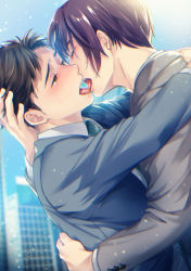 Rule 34 | 2boys, black hair, black jacket, brown eyes, brown hair, closed eyes, couple, french kiss, grey jacket, hand on another&#039;s head, jacket, kiss, male focus, multiple boys, original, saliva, short hair, tongue, tongue out, xxxxchild, yaoi