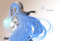 Rule 34 | 1girl, azura (fire emblem), blue hair, breasts, dancer, detached sleeves, elbow gloves, fingerless gloves, fire emblem, fire emblem fates, gloves, glowing, hair between eyes, hairband, jewelry, long hair, mouth veil, necklace, nintendo, solo, techitoni, title, veil, very long hair, yellow eyes