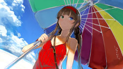 Rule 34 | 1girl, ahoge, bag, bare shoulders, blue eyes, blue sky, blunt bangs, blush, breasts, brown hair, cleavage, closed mouth, commentary request, day, dress, green eyes, hairband, heterochromia, holding, long hair, looking to the side, medium breasts, official art, outdoors, ponytail, red dress, red hairband, ryoubi (senran kagura), senran kagura, sidelocks, sky, solo, umbrella, upper body, very long hair, yaegashi nan
