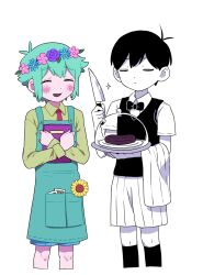 Rule 34 | 2boys, apron, basil (headspace) (omori), basil (omori), black bow, black bowtie, black hair, black socks, black sweater vest, blush, bow, bowtie, closed eyes, collared shirt, colored skin, crossed arms, flower, green apron, green hair, green shirt, head wreath, highres, holding, holding knife, holding menu, kneehighs, knife, long sleeves, menu, miranosub, multiple boys, necktie, omori, omori (omori), open mouth, photo (object), red necktie, shirt, short hair, short sleeves, shorts, smile, socks, sunflower, sweater vest, white shorts, white skin