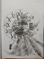 Rule 34 | 1girl, absurdres, apron, back bow, between fingers, bow, closed mouth, cup, fasnakegod, frilled apron, frilled skirt, frills, from behind, full body, graphite (medium), highres, holding, izayoi sakuya, knife, large bow, lined paper, looking at viewer, looking back, maid, maid headdress, medium hair, pocket watch, puffy short sleeves, puffy sleeves, saucer, shoe soles, short sleeves, skirt, socks, solo, spilling, tea, teacup, teapot, throwing knife, touhou, traditional media, tray, vest, waist apron, watch, weapon