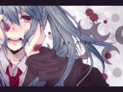 Rule 34 | 1girl, aoi choko (aoichoco), bandage over one eye, bandages, blood, blue hair, colorized, face, gatma, hands on own face, hatsune miku, injury, letterboxed, long hair, necktie, open mouth, red eyes, rolling girl (vocaloid), solo, tears, text focus, vocaloid