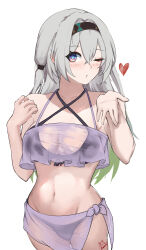 Rule 34 | 1girl, absurdres, bare shoulders, bikini, black hairband, commentary, cowboy shot, firefly (honkai: star rail), grey hair, hairband, hands up, heart, highres, honkai: star rail, honkai (series), kagurachi, long hair, looking at viewer, navel, one eye closed, purple eyes, sarong, simple background, solo, standing, stomach, swimsuit, very long hair, white background