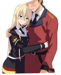 Rule 34 | 1boy, 1girl, belt, black jacket, black necktie, blonde hair, blush, breasts, brown hair, closed mouth, commander (girls&#039; frontline), girls&#039; frontline, green eyes, griffin &amp; kryuger military uniform, hand on another&#039;s shoulder, hug, hug from behind, jacket, long hair, long sleeves, looking at another, military, military uniform, necktie, red jacket, shirt, short hair, smile, solo, standing, stg44 (girls&#039; frontline), suprii, uniform, upper body, white background, white shirt