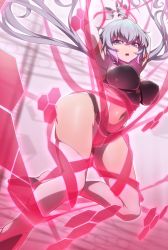 Rule 34 | 1girl, ahoge, breasts, covered navel, elbow gloves, gloves, headgear, henshin, highres, large breasts, leotard, long hair, looking at viewer, low twintails, open mouth, purple eyes, red leotard, ribbon, senki zesshou symphogear, shiny clothes, shiny skin, silver hair, skin tight, solo, thighhighs, thighs, twintails, uganda (ugandam 00), very long hair, white gloves, white thighhighs, yukine chris