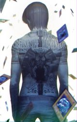 Rule 34 | 1boy, absurdres, back, back tattoo, belt, blue-eyes white dragon, blurry, brown hair, card, enemy controller, english text, highres, jewelry, kaiba seto, male focus, necklace, obelisk the tormentor, solo, standing, tattoo, topless male, wakuwakumkg, yu-gi-oh!, yu-gi-oh! duel monsters
