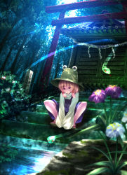 Rule 34 | 1girl, blonde hair, bow, dress, flower, forest, hair bow, hat, highres, long sleeves, looking at viewer, moriya suwako, nature, purple dress, revision, rope, ryosios, shimenawa, shirt, shrine, snake, solo, squatting, stairs, torii, touhou, wide sleeves, yellow eyes