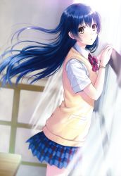 Rule 34 | 10s, 1girl, absurdres, blue hair, blue skirt, bow, bowtie, bracelet, brown eyes, classroom, floating hair, highres, indoors, jewelry, kazuharu kina, long hair, looking at viewer, love live!, love live! school idol project, pleated skirt, red bow, school, school uniform, shirt, short sleeves, skirt, solo, sonoda umi, striped, striped bow, white shirt, window
