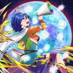 Rule 34 | 1girl, blue hair, blush, boots, breasts, cape, card, commentary request, grey eyes, hair between eyes, hairband, highres, long sleeves, looking up, lower teeth only, microphone, moon, multicolored clothes, multicolored hairband, night, night sky, one eye closed, open mouth, sen (daydream 53), short hair, sideboob, sky, solo, star (sky), starry sky, teeth, tenkyuu chimata, touhou, upper teeth only, white cape, zipper