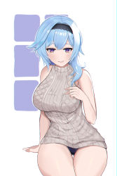 Rule 34 | 1girl, absurdres, bare shoulders, blue hair, blush, breasts, brulee, casual, eula (genshin impact), genshin impact, hairband, half-closed eyes, hand on own chest, highres, large breasts, looking at viewer, panties, sleeveless, sleeveless sweater, smile, solo, sweater, thick thighs, thighs, underwear
