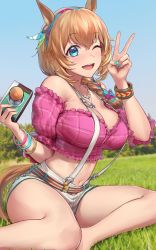 Rule 34 | 1girl, absurdres, animal ears, bangle, bare legs, bare shoulders, belt, blue eyes, blush, bracelet, braid, breasts, brown hair, camera, cleavage, crop top, day, green nails, hair ornament, hairband, highres, horse ears, horse girl, horse tail, jewelry, large breasts, long hair, looking at viewer, midriff, monegi, nail polish, navel, necklace, one eye closed, outdoors, photo background, pink shirt, shirt, short shorts, shorts, side braid, sitting, smile, solo, striped belt, suspenders, taiki shuttle (bubblegum memories) (umamusume), taiki shuttle (umamusume), tail, umamusume, v, white shorts