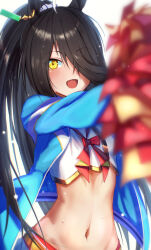 Rule 34 | 1girl, ahoge, animal ears, black hair, blue jacket, blurry, blurry foreground, blush, bow, bowtie, breasts, cosplay, crop top, earrings, hair over one eye, highres, holding, holding pom poms, horse ears, jacket, jewelry, long hair, looking at viewer, manhattan cafe (umamusume), navel, nice nature (run&amp;win) (umamusume), nice nature (run&amp;win) (umamusume) (cosplay), nice nature (umamusume), nice nature (umamusume) (cosplay), open clothes, open jacket, open mouth, pom pom (cheerleading), pom poms, ponytail, reaching, reaching towards viewer, shirt, single earring, small breasts, smile, solo, sweat, tks (526tks), umamusume, upper body, white shirt, yellow eyes