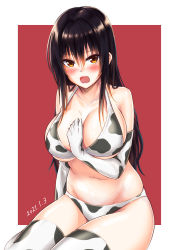 Rule 34 | 1girl, animal print, arm at side, bare shoulders, bikini, black hair, blush, border, breasts, chinese zodiac, cleavage, collarbone, cow print, cow print bikini, dated, elbow gloves, embarrassed, gloves, gradient hair, hand on own chest, highres, kotegawa yui, large breasts, long hair, looking at viewer, multicolored hair, navel, open mouth, orange eyes, outside border, print bikini, print gloves, print thighhighs, realman, red background, red hair, simple background, sitting, solo, swimsuit, thighhighs, to love-ru, v-shaped eyebrows, very long hair, wavy mouth, white border, year of the ox