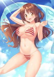 Rule 34 | 1girl, :d, arm up, bare arms, bare shoulders, bikini, breasts, brown hair, cameltoe, cleavage, collarbone, day, front-tie bikini top, front-tie top, halterneck, hand up, highres, holding, idolmaster, idolmaster cinderella girls, kazuma (kazumav), large breasts, navel, one side up, open mouth, orange eyes, outdoors, shimamura uzuki, skindentation, smile, solo, stomach, strap gap, string bikini, striped bikini, striped clothes, sunlight, swimsuit, thighs, towel, wet