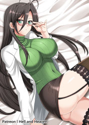 Rule 34 | 1girl, antenna hair, ass, bed, bed sheet, blush, breasts, brown hair, covered navel, garter straps, glasses, gluteal fold, green eyes, hasegawa chisato, hellandheaven, highres, lab coat, large breasts, long hair, looking at viewer, lying, mole, mole under eye, on bed, ribbed sweater, shinmai maou no testament, skirt, solo, sweater, thighhighs, turtleneck