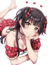Rule 34 | 1girl, ayano yuu (sonma 1426), bikini, black hair, blunt bangs, blush, breasts, brown eyes, cleavage, closed mouth, commentary, fingernails, hand on own cheek, hand on own face, heart, heart print, highres, idolmaster, idolmaster shiny colors, long hair, looking at viewer, lying, mayuzumi fuyuko, medium breasts, nail polish, on stomach, red bikini, simple background, smile, solo, swimsuit, two side up, white background