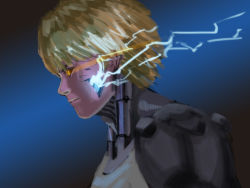 Rule 34 | 1boy, android, bad id, bad pixiv id, blonde hair, cyborg, damaged, electricity, from side, furukawa herzer, genos, glowing lines, highres, light trail, male focus, mechanical parts, one-punch man, original, simple background, solo, sparks, yellow eyes