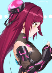 Rule 34 | 1girl, absurdres, action taimanin, armor, bare shoulders, bodysuit, breasts, elbow gloves, fingerless gloves, from side, gauntlets, gloves, hair ornament, highres, impossible bodysuit, impossible clothes, long hair, mari (rodoney-kiara), ninja, red hair, shiny clothes, skin tight, small breasts, solo, su jinlei, taimanin (series), taimanin suit, upper body, yellow eyes