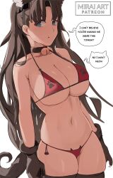 Rule 34 | 1girl, alternate breast size, alternate costume, animal ears, animal hands, animal print, bdsm, bell, bikini, black choker, black hair, black thighhighs, blue eyes, breasts, cat ear bikini, cat ears, cat print, choker, cleavage, collar, english text, fake animal ears, fate/stay night, fate (series), female focus, gloves, highres, jingle bell, large breasts, leash, long hair, looking at viewer, mirai hikari, navel, neck bell, patreon username, paw gloves, pet play, pout, red bikini, side-tie bikini bottom, skindentation, slave, solo, speech bubble, stomach, swimsuit, thighhighs, tohsaka rin, two side up, underboob, white background
