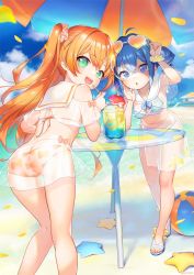 Rule 34 | 2girls, :d, ahoge, amiami (company), amico, arm up, ass, ball, beach, beach umbrella, beachball, bikini, blue eyes, blue hair, blue sky, blush, breasts, cloud, cloudy sky, collarbone, commentary request, crossed bangs, detached collar, drinking straw, eyelashes, eyewear on head, feet out of frame, female focus, from behind, full body, green eyes, hair ornament, hair scrunchie, henreader, highres, kneepits, leaning forward, legs, lilco, logo hair ornament, long hair, looking at viewer, looking back, medium breasts, multiple girls, navel, off-shoulder bikini, off shoulder, official art, open mouth, orange hair, outdoors, print bikini, sailor collar, sandals, scrunchie, see-through, shiny skin, sidelocks, sky, smile, starfish, striped bikini, striped clothes, swimsuit, table, teeth, thighs, third-party source, toes, twintails, two side up, umbrella, upper teeth only, water