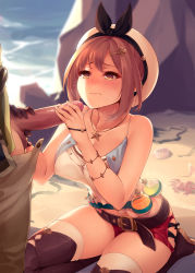Rule 34 | 1boy, 1girl, atelier (series), atelier ryza, atelier ryza 1, belt, blush, boots, breasts, brown belt, brown eyes, brown footwear, brown gloves, brown hair, cleavage, closed mouth, collarbone, english text, flask, gloved handjob, gloves, hair between eyes, hair ornament, hairclip, handjob, hat, hetero, highres, jewelry, large breasts, leather belt, lips, male pubic hair, necklace, outdoors, penis, pubic hair, red shorts, reisalin stout, ricegnat, round-bottom flask, seiza, short hair, short shorts, shorts, single glove, sitting, sleeveless, solo focus, star (symbol), star necklace, sweat, test tube, thigh boots, thighhighs, thighs, uncensored, white headwear, white thighhighs