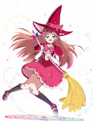 Rule 34 | 1girl, alternate costume, black socks, bow, bowtie, broom, capelet, commentary, dress shirt, floating, green eyes, haru (nature life), hat, hat bow, hirogaru sky! precure, holding, holding broom, in-franchise crossover, kneehighs, long hair, looking at viewer, magic circle, magic school uniform, mahou girls precure!, miniskirt, nijigaoka mashiro, open mouth, pink hair, precure, red bow, red bowtie, red capelet, red footwear, red hat, red skirt, school uniform, shirt, shoes, skirt, smile, socks, solo, sparkle, star (symbol), suspender skirt, suspenders, white background, white shirt, witch hat