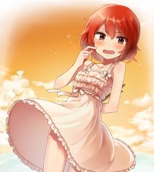 Rule 34 | 1girl, arm behind back, bare shoulders, blush, bow, brown eyes, cloud, commentary request, cowboy shot, dress, finger to cheek, frilled dress, frills, highres, idolmaster, idolmaster cinderella girls, manio, murakami tomoe, open mouth, red hair, ribbon, short hair, sky, solo, sundress, wavy mouth, white dress, white ribbon