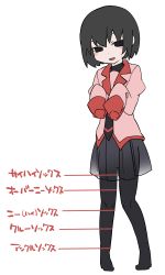 Rule 34 | 1girl, black eyes, black hair, black necktie, black pantyhose, black shirt, black skirt, black undershirt, blush stickers, bob cut, chart, commentary, empty eyes, full body, hammer (sunset beach), looking at viewer, monogatari (series), necktie, no shoes, open mouth, oshino ougi, pantyhose, pink shirt, school uniform, see-through, see-through silhouette, shirt, short hair, simple background, skirt, sleeves past wrists, smile, solo, translated, turtleneck, white background