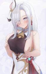 Rule 34 | 1girl, absurdres, bare shoulders, breasts, cosplay, ganyu (genshin impact) (cosplay), genshin impact, highres, large breasts, looking at viewer, mofu07519, shenhe (genshin impact), solo, white background, white hair