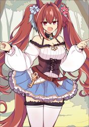 Rule 34 | 1girl, alternate costume, animal ears, bare shoulders, blue skirt, brown hair, commentary request, corset, cowboy shot, daiwa scarlet (umamusume), frilled skirt, frills, garter straps, grass, hair between eyes, hair intakes, highres, horse ears, horse girl, horse tail, key, long hair, long sleeves, looking at viewer, off-shoulder shirt, off shoulder, open mouth, outdoors, pointing, puffy sleeves, shirt, skirt, smile, solo, standing, tail, thighhighs, twintails, umamusume, very long hair, wahiko (black bastard), white thighhighs, zettai ryouiki