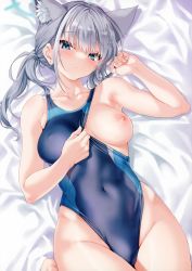 Rule 34 | 1girl, absurdres, animal ears, bare shoulders, bed sheet, blue archive, blue eyes, blush, breasts, cle masahiro, collarbone, competition swimsuit, covered navel, earrings, fingernails, grey hair, hair ornament, highleg, highleg swimsuit, highres, jewelry, looking at viewer, lying, medium breasts, nipples, on back, one-piece swimsuit, scan, shiroko (blue archive), shiroko (swimsuit) (blue archive), simple background, solo, swimsuit, thighs