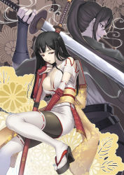 Rule 34 | 2girls, armor, black hair, blade chronicle, breasts, cleavage, high heels, katana, long hair, multiple girls, open shoes, pantyhose, red eyes, shoes, sword, tanaka shoutarou, thighhighs, weapon