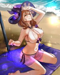 Rule 34 | 1girl, absurdres, artist name, barefoot, beach, beach towel, bikini, blush, breasts, brown hair, cleavage, commentary, female focus, flower, genshin impact, green eyes, hair between eyes, hat, hat flower, highres, huge filesize, large breasts, lisa (genshin impact), looking at viewer, navel, ocean, outdoors, periphone, sand, sarong, sitting, smile, solo, sparkle, swimsuit, towel, wariza, water, witch hat