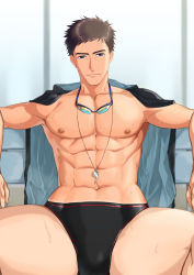 Rule 34 | 1boy, abs, arm rest, bench, black male swimwear, blue eyes, brown hair, bulge, collarbone, goggles, goggles around neck, hamukazuchan, hood, hooded jacket, jacket, jacket on shoulders, lanyard, light smile, looking at viewer, male focus, male swimwear, navel, nipples, original, pectorals, short hair, sitting, solo, spread legs, swim briefs, toned, toned male, wet, whistle, whistle around neck