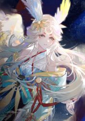 Rule 34 | 1girl, blue eyes, crescent, crescent hair ornament, hair ornament, head wings, highres, inaba kaguya hime, japanese clothes, kimono, long hair, mismatched eyebrows, off shoulder, onmyoji, parted bangs, shichong, short kimono, solo, white hair, wings