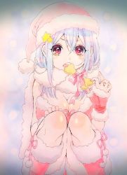 Rule 34 | 1girl, bad id, bad twitter id, blue hair, blush, breasts, christmas, cleavage, cookie, food, highres, kawai rou, multicolored eyes, open mouth, original, solo, squatting, star (symbol), teeth