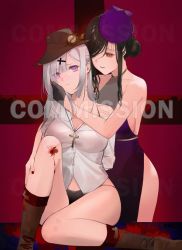 Rule 34 | 2girls, absurdres, bad id, bad pixiv id, black gloves, black hair, black panties, blood, blood on leg, blush, boots, breasts, brown eyes, brown footwear, brown headwear, chilli 646, cleavage, closed mouth, commission, cowboy hat, cross, cross necklace, dress, gloves, hair bun, hair ornament, hairclip, hand on leg, hand on own cheek, hand on own face, hat, highres, jewelry, long hair, looking at another, looking at viewer, medium breasts, multiple girls, nail polish, necklace, nijisanji, open mouth, panties, purple dress, purple eyes, purple headwear, red background, red nails, shirayuki tomoe, shirt, silver hair, simple background, single hair bun, sitting, standing, sukoya kana, underwear, veil, virtual youtuber, white shirt