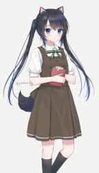 Rule 34 | 1girl, :o, animal ear fluff, animal ears, black hair, black socks, blue eyes, blush, book, bow, brown dress, collared shirt, commentary request, dog ears, dog girl, dog tail, dress, feet out of frame, green bow, grey background, highres, holding, holding book, long hair, looking at viewer, original, parted lips, pinafore dress, pleated dress, puffy short sleeves, puffy sleeves, shirt, short sleeves, simple background, sleeveless, sleeveless dress, socks, solo, standing, standing on one leg, tail, twintails, twitter username, umi (yumoran), very long hair, watermark, white shirt, yumoran