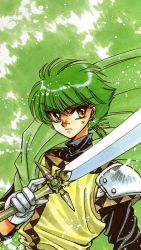 Rule 34 | 1990s (style), 1boy, armor, clamp, earrings, ferio (rayearth), gloves, green hair, green theme, jewelry, magic knight rayearth, male focus, official art, pauldrons, retro artstyle, sash, scan, serious, shoulder armor, solo, sword, weapon, yellow eyes