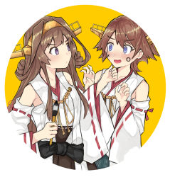 Rule 34 | 2girls, absurdres, ahoge, blue eyes, brown hair, calligraphy brush, circle, commentary request, detached sleeves, dokuganryuu, double bun, drawing on another&#039;s face, flipped hair, green skirt, hairband, headgear, hiei (kancolle), highres, kantai collection, kongou (kancolle), long hair, multiple girls, paintbrush, purple eyes, ribbon-trimmed sleeves, ribbon trim, short hair, skirt, yellow background