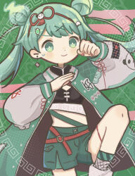 1girl aqua_eyes aqua_hair china chinese_clothes commentary crop_top green_theme hao_(vocaloid) hatsune_miku highres jacket letterman_jacket long_hair mandarin_collar martial_arts pandamaaaan pankou shorts smile solo twintails vocaloid