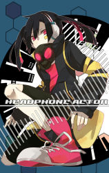 Rule 34 | 1girl, black hair, enomoto takane, gas mask, hayase (unreal), headphone actor (vocaloid), headphones, kagerou project, long hair, looking at viewer, mask, red eyes, respirator, shoes, solo, twintails, vocaloid