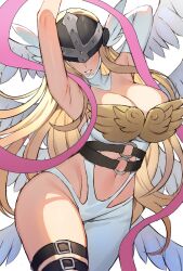 Rule 34 | 1girl, angel, angel girl, angewomon, armpits, arms behind head, blonde hair, breasts, cleavage, curvy, digimon, digimon (creature), head wings, highres, large breasts, legs, long hair, mask, navel, parted lips, seductive smile, smile, solo, thick thighs, thighs, wings