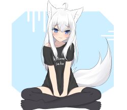 Rule 34 | 1girl, absurdres, animal ear fluff, animal ears, between legs, black shirt, black thighhighs, blue background, blue eyes, blush, closed mouth, clothes writing, collarbone, commentary request, fang, fang out, fox ears, fox girl, fox tail, full body, hair between eyes, hand between legs, highres, kuronagi (mitora uwu), long hair, looking at viewer, no shoes, off shoulder, original, shirt, short sleeves, sitting, smile, solo, tail, thighhighs, two-tone background, very long hair, white background, white hair