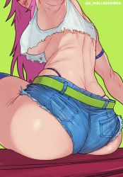 Rule 34 | 1girl, ass, ass focus, breasts, crop top, crop top overhang, denim, final fight, from behind, green background, head out of frame, highres, large breasts, lips, long hair, looking back, no bra, pink hair, poison (final fight), short shorts, shorts, simple background, sitting, solo, stretch marks, thighhighs, thong, torn clothes, underboob, wallace pires