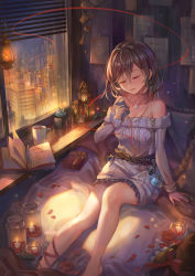 Rule 34 | 1girl, absurdres, bare legs, bell, belt, window blinds, book, breasts, brown hair, building, candle, city lights, cityscape, cleavage, closed eyes, coffee, collarbone, commentary, cup, dress, gift, highres, holding, indoors, interior, jar, lantern, medium breasts, medium hair, open book, open mouth, original, sidelocks, solo, strapless, strapless dress, string, string of fate, string phone, sweater, sweater dress, yahiro (heartseek000)